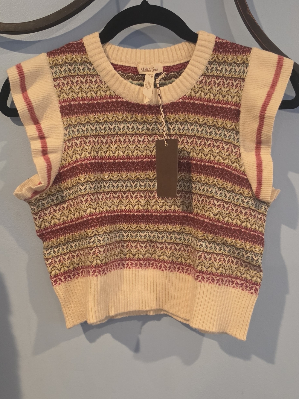 Matilda Jane Cream, Berry & Green Fair Isle Knit Sleeveless Sweater Vest Size 12